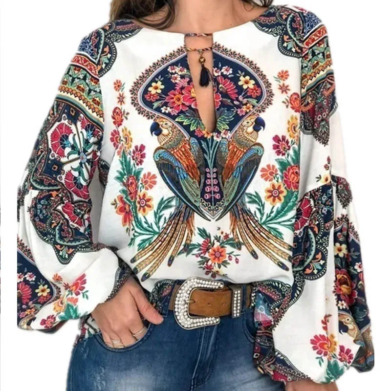 Блузки женские Boho блузка с цветочным принтом фонарь рукав рубашка сексуальные кружева кисточкой o-образным вырезом Женские топы весна лето блузки