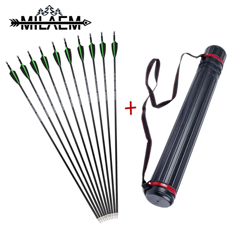 12 Pcs Archery Carbon Arrows With Adjustable Arrow Quiver ID6.2mm Spine