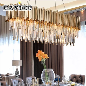 

Modern Stainless Steel Chain Crystal Rectangular Chandelier Light Luxury Lighting Gold Lampshade for Home Decoration