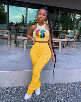 

Tsuretobe Streetwear 2 Piece Set Women Halter Crop Tops Stacked Leggings Print Clothes For Women Sexy Outfits Tracksuit Women