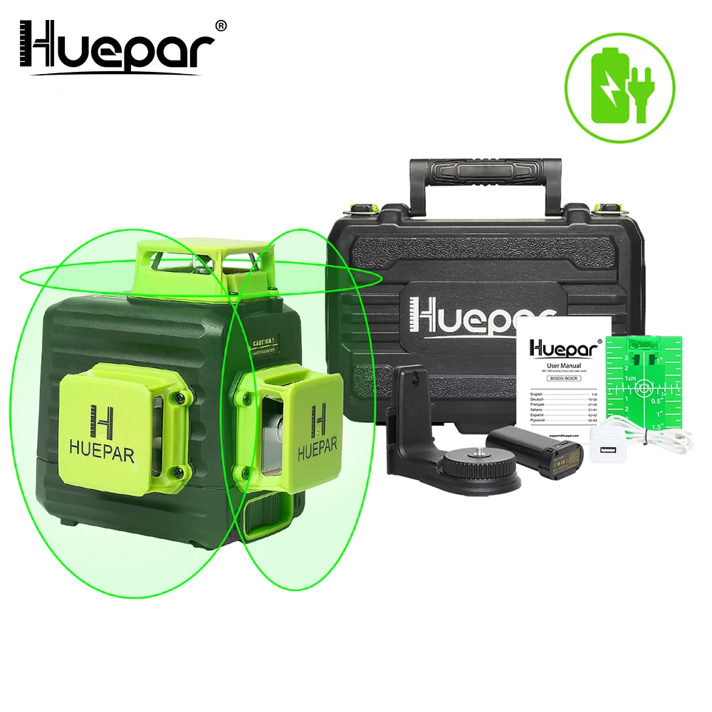 Huepar 3d cruz linha auto-nivelamento laser nível 12 linhas verde feixe li-ion bateria com tipo-c porto de carregamento & estojo de transporte duro