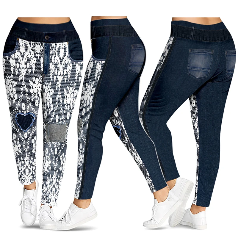 Lace print blue Wipalo, леггинсы размера плюс с высокой талией и 3D принтом, женские штаны, повседневные обтягивающие леггинсы с эластичной талией, женские брюки - Цвет: Lace print blue