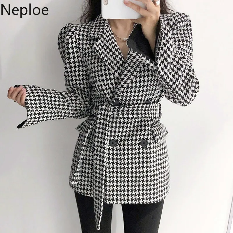 Neploe Ins, Ретро стиль, тонкая талия, шнуровка, двойная грудь, смесь, тысяча птиц, решетка, отложной воротник, длинный рукав, пальто, осенняя куртка