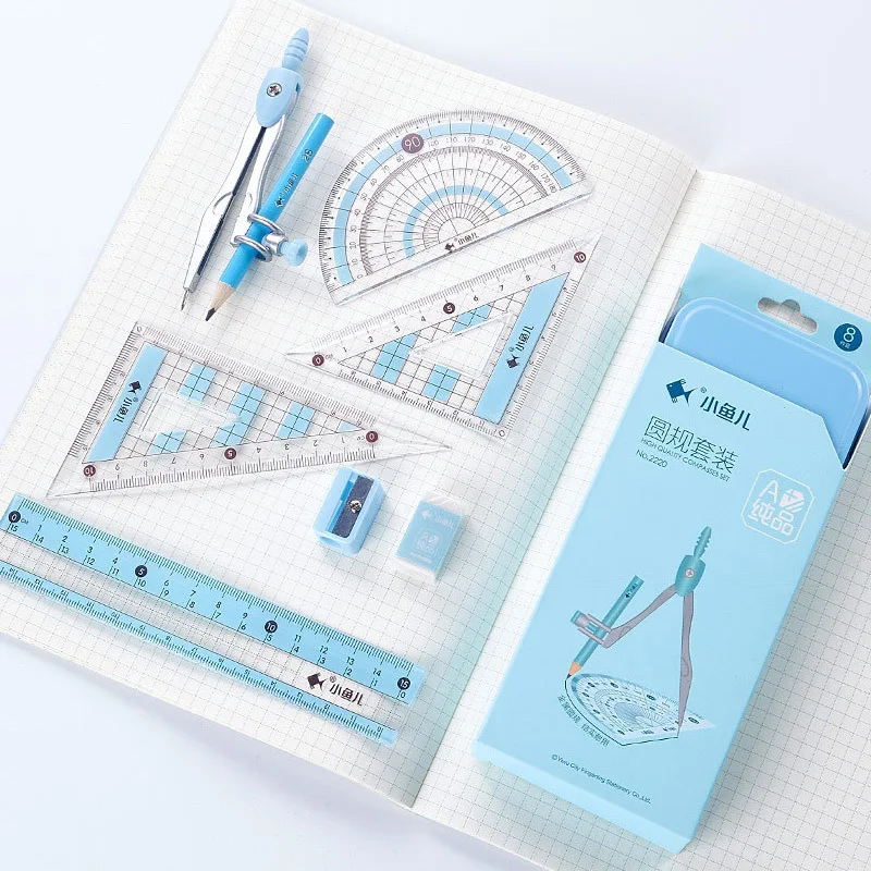 8pcs Plastic Geometry Stationery Set Maths Drawing Compasses Ruler Set Students Draw Measuring Tools School Office Stationery