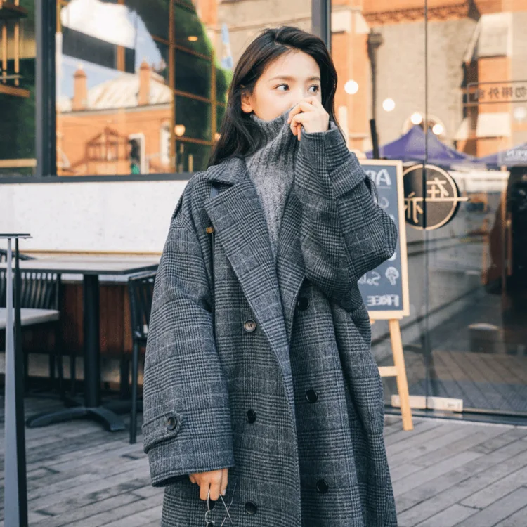 

Plaid Woolen Overcoat Women's Mid-length Korean-style Loose-Fit 2019 Winter New Style Students Loose-Fit over-the-Knee Woolen Ja