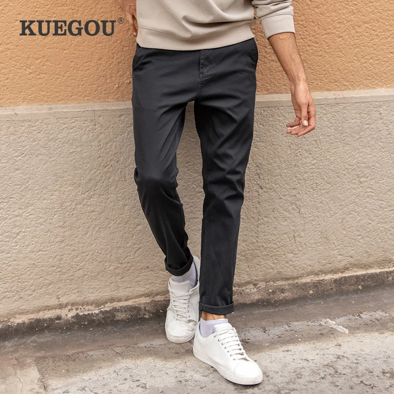 Kuegou 2022 Spring Cotton Solid Black Casual Pants Men Long Classic