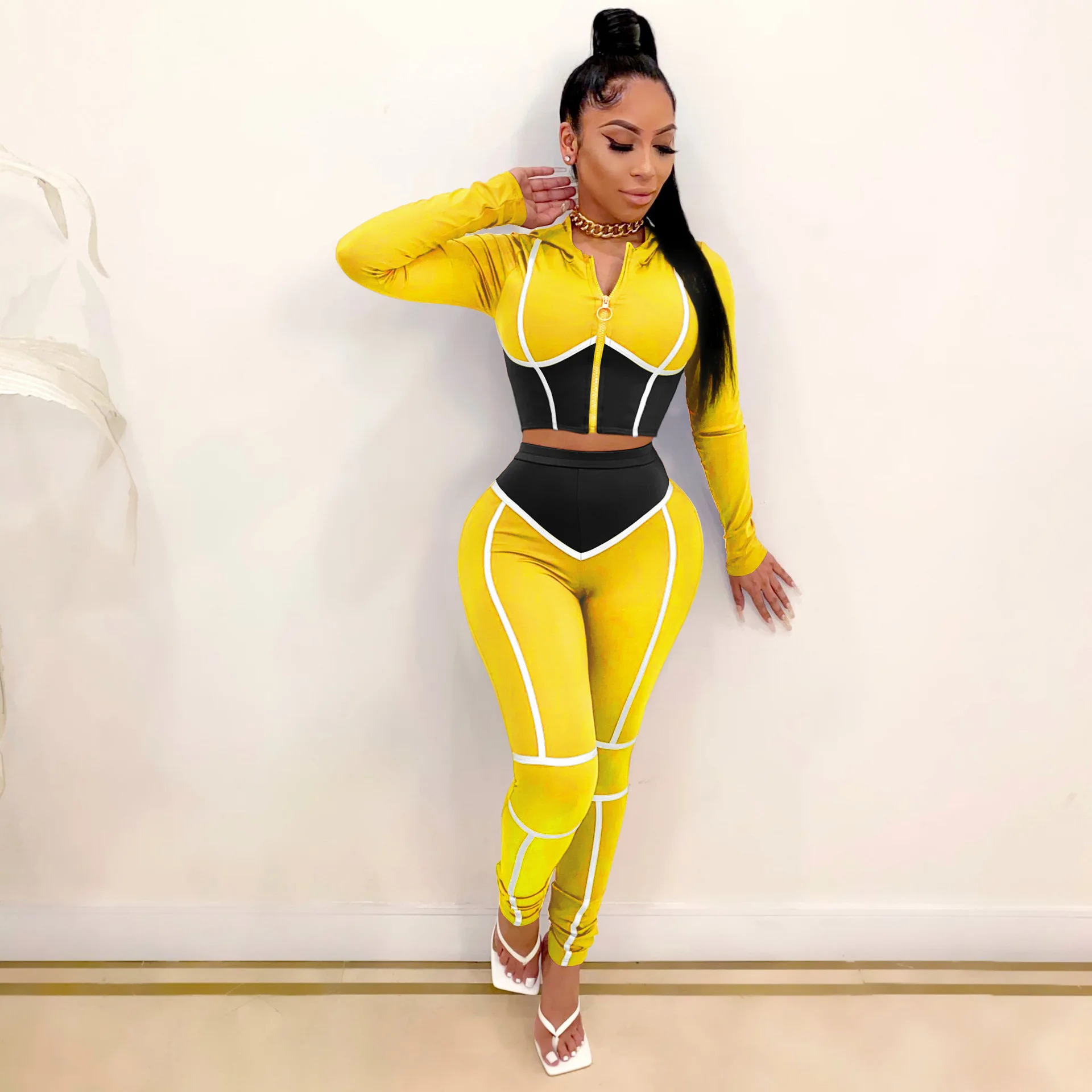 FREE SHIPPING Color Block Caged Tracksuit Set JKP4343