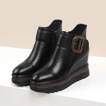 

MLJUESE 2020 women ankle boots cow leather winter short plush black color buckle strap women wedges boots party dress size 42