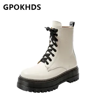 

GPOKHDS 2021 women Ankle boots Cow leather Winter short plush Round Toe Lace-Up Platform High heels female Riding boots size 42