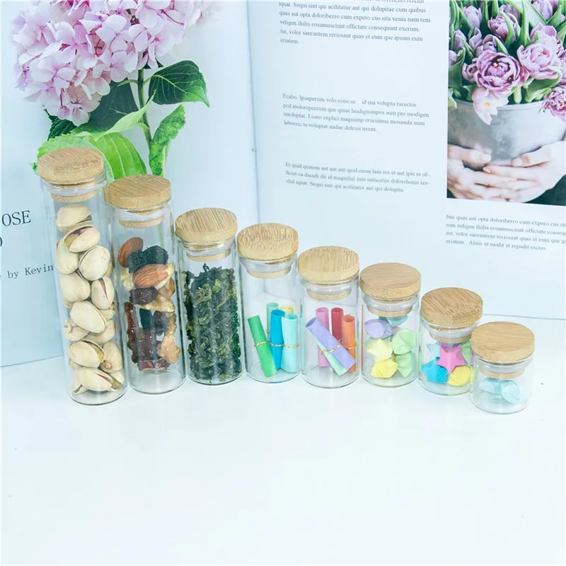 

5PC Mini Glass Bottle with Bamboo Lid Glass Storage Jars Tea Coffee Bean Candy Food Wooden Cover Multipurpose Leak proof Bottles