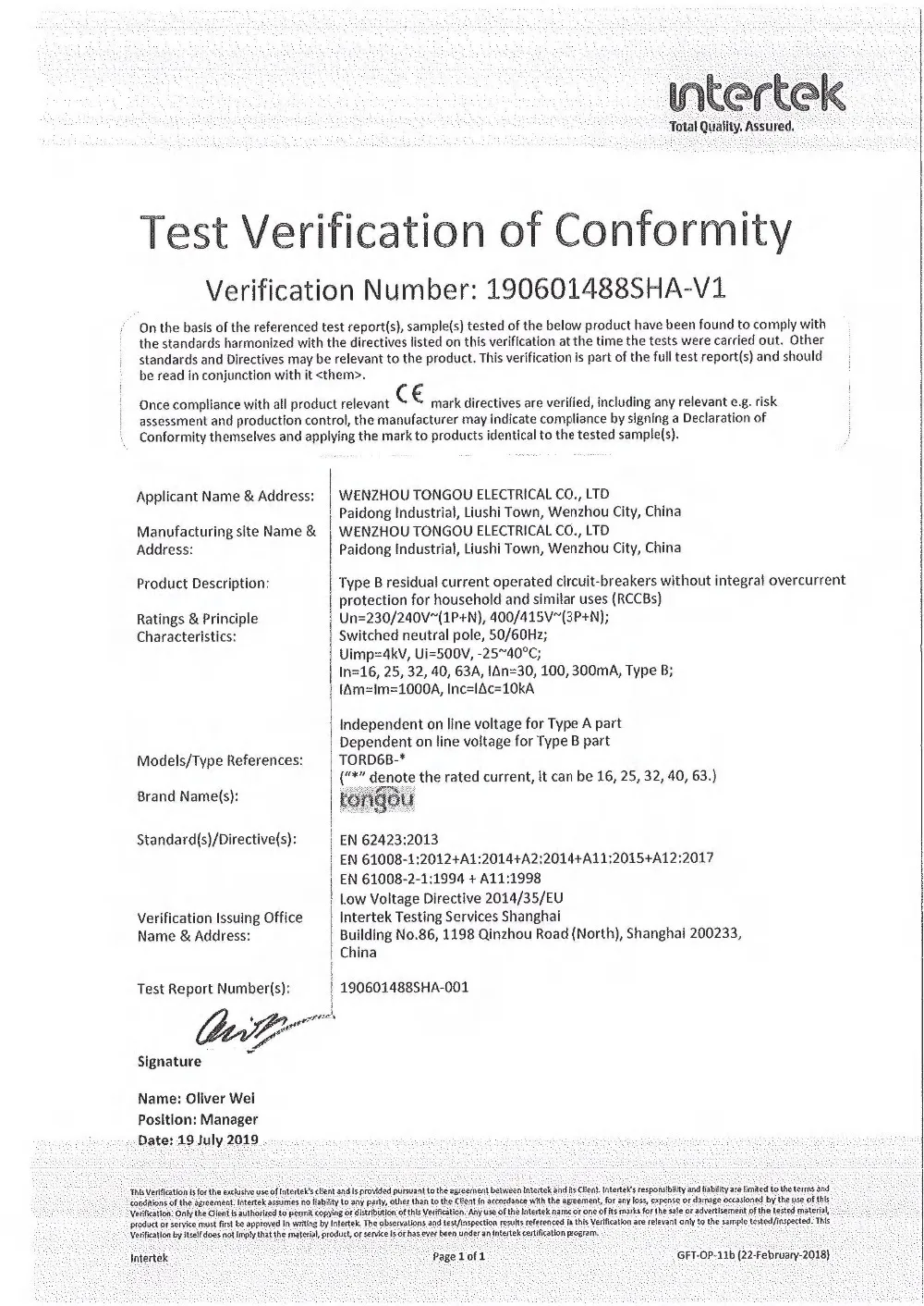TORD6B TYPE B RCCB CE Tongou