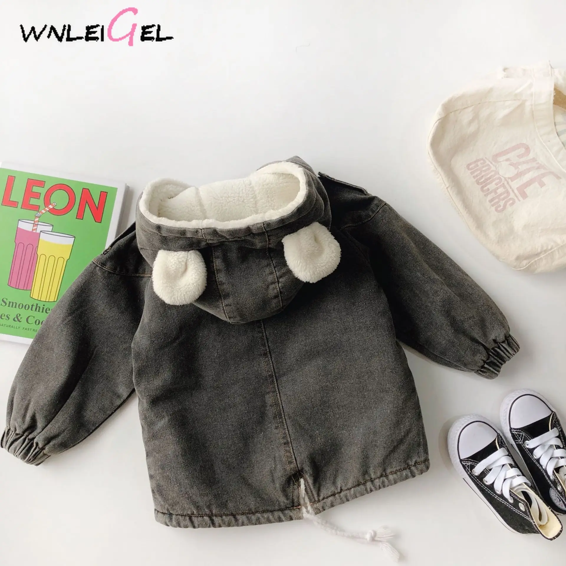 WLG girls winter coats kids cartoon style denim black velvet thick outerweawr baby girl warm casuasl all match clothes 2-6 years