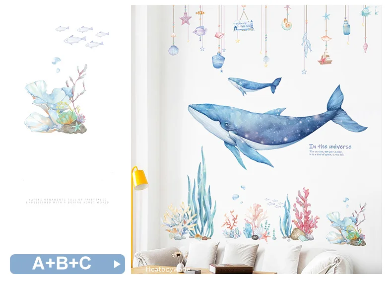 Cartoon Coral Whale Wall Sticker for Kids rooms Nursery Wall Decor Vinyl Tile stickers Waterproof Home Decor Wall Decals Murals
