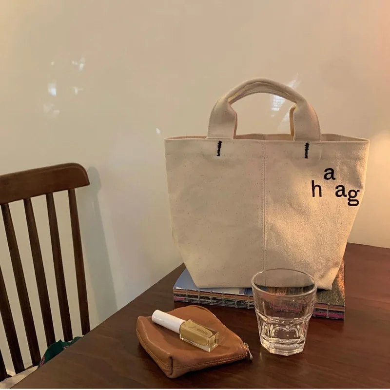 

Canvas Stripe Handbag Japanese Simple Letter Printing Cute Style Fashion Daily Commuting