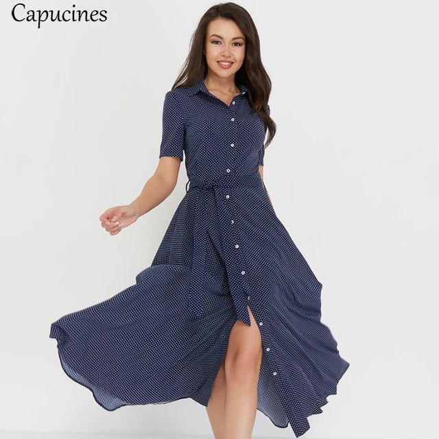 Capucines Women Dot Print Button Shirt Dress 2021 Summer Short Sleeve Turn-down Collar Belt  A Line Casual Midi Dresses Vestidos 1