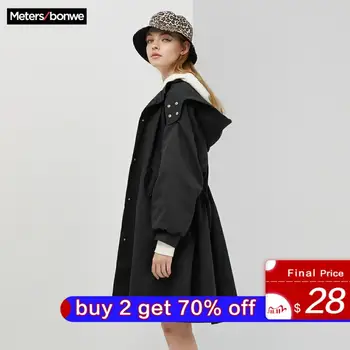 

Metersbonwe New Fashion Trench Female Hooded Mid-length Women spring Casual Trench Lady Loose Trend Tooling Outwear