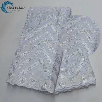

Latest Velvet Design African Lace Fabrics 5 Yards/pcs 2019 High Quality French Sequins Lace Fabrics With Beads For Wedding Dress