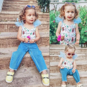 

Emmababy 2019 Summer 2PCS Toddler Kids Baby Girls Clothes Lace Ruffle T-shirt Tops+Denim Pants Outfits Sets