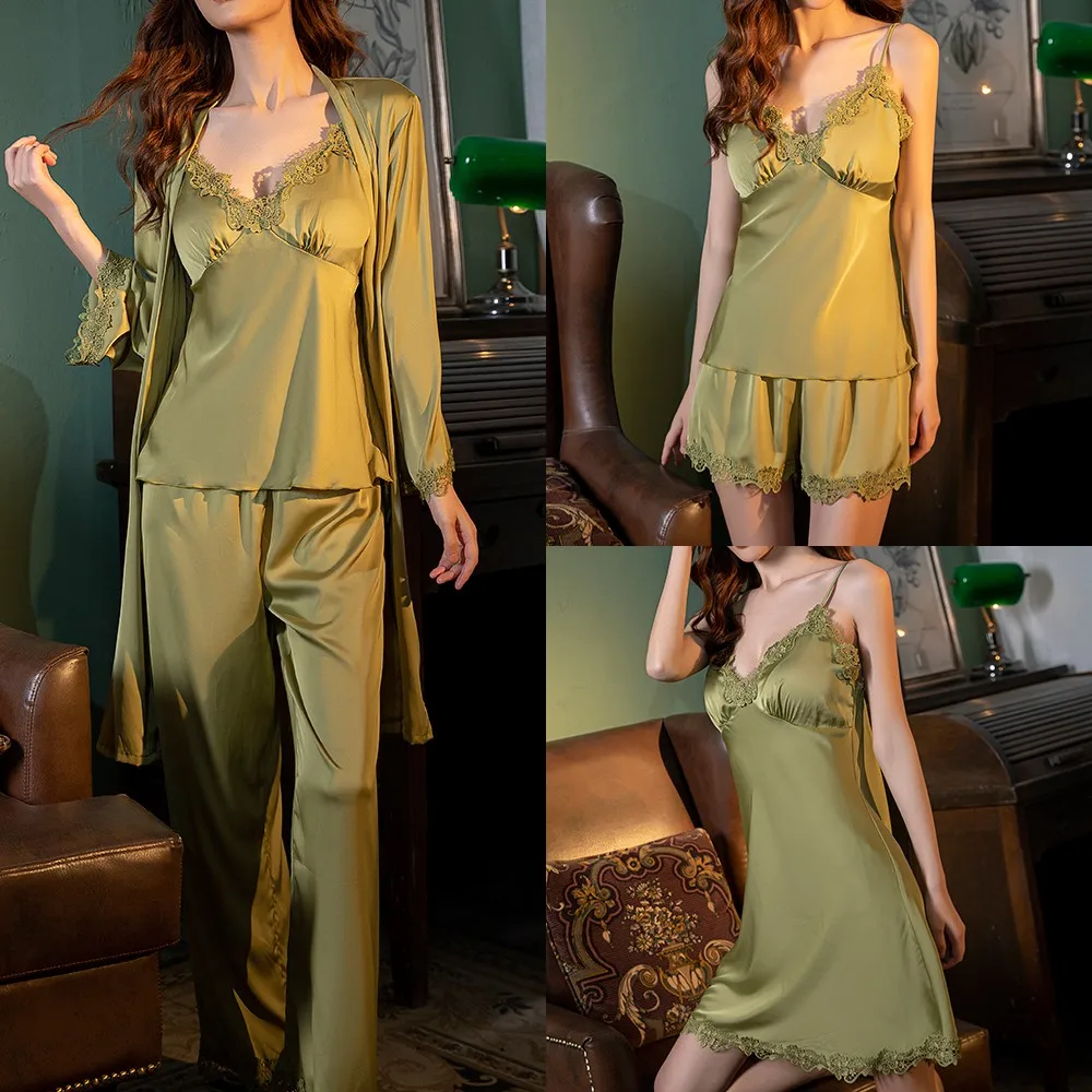 

Pajamas Set Women 5 Piece PJS Suit Sexy Lace Nightwear New Satin Sleepwear Home Clothes Soft Intimate Lingerie Lounge Wear