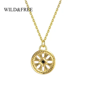 

Wild&Free Bohemian Hollow Out Round Pendant Necklace For Women Stailess Steel Flower Shape Gold Link Chain Necklaces Jewelry
