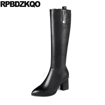

block designer shoes women luxury 2019 big size black knee high 9 plus 10 winter pointed toe long boots heel chunky brand tall