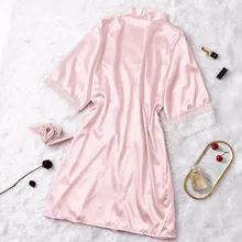 Модная женская кружевная атласная Шелковая пижама размера плюс с v-образным вырезом и длинным рукавом удобное женское белье Банный халат с поясом банный халат нижнее белье