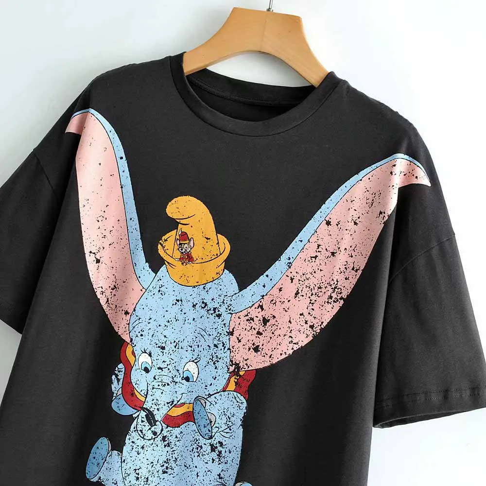 Мода Дисней слон Дамбо мышь мультфильм печати Футболка o-образным вырезом Пуловер короткий рукав повседневные милые стильные женские футболки топы
