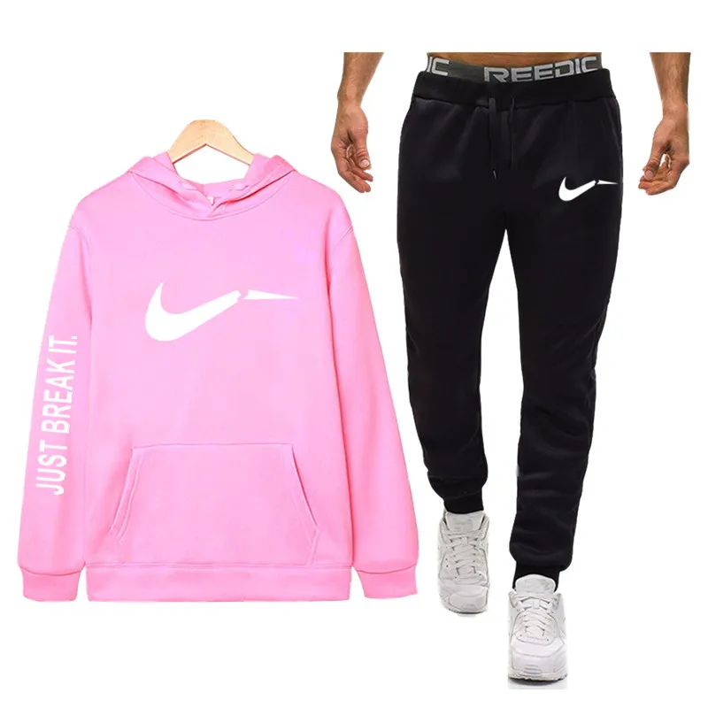 Pink 3 Модный комплект из двух предметов, комплекты с капюшоном и принтом, спортивный костюм с капюшоном, Мужская Осенняя брендовая одежда, спортивные худи, толстовка, штаны, костюм - Цвет: Pink 3
