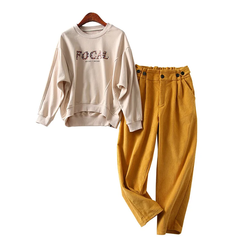 

One's Printed Letter round Neck Sweater Corduroy Casual Harem Pants Two-Piece Women's Entity