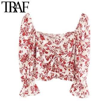 

TRAF Women Sweet Fashion Floral Print Ruffled Cropped Blouses Vintage V Neck Half Sleeve Female Shirts Blusas Chic Tops