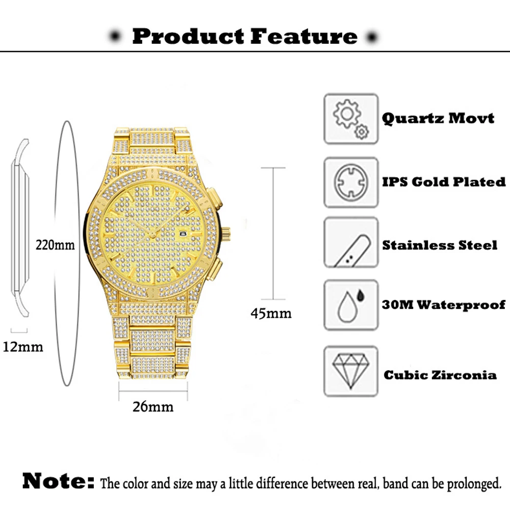 dropship ice out full diamond watch for men gold silver stainless steel band mens quartz watches business watches hip hop male clock waterproof 18K gold plated 2020 (22)