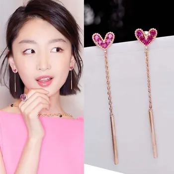 

Real 925 Sterling Silver Needle Long Dangle Drop Earrings for Women Jewelry Pink Heart Pearls Female Earrings Charms