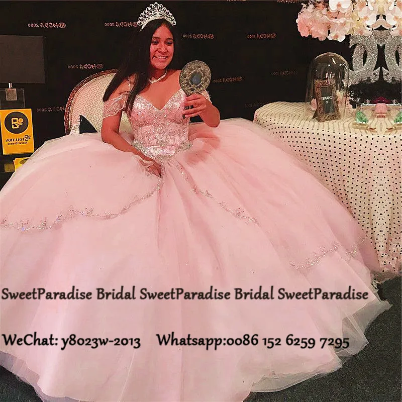 Бальное платье с бусинами, розовое, с открытыми плечами, vestidos Vestido 15 Anos, милое 16 платье для выпускного вечера для девочек
