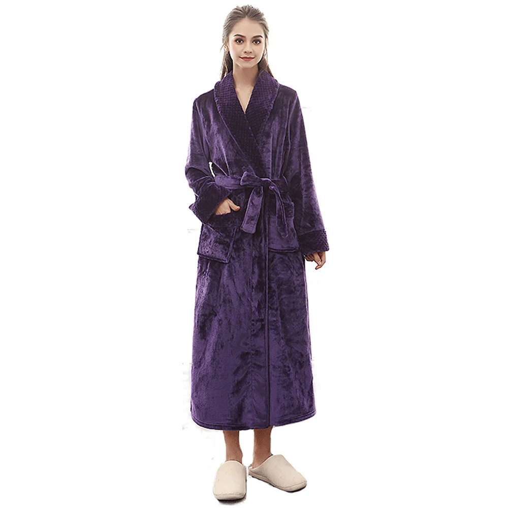 Purple Ночные рубахи для двоих, женское Коралловое кимоно из рунной шерсти, халат, зимняя плотная теплая ночная рубашка для пары, Фланелевое банное платье, одежда для сна, большая длинная ночная рубашка - Цвет: Purple