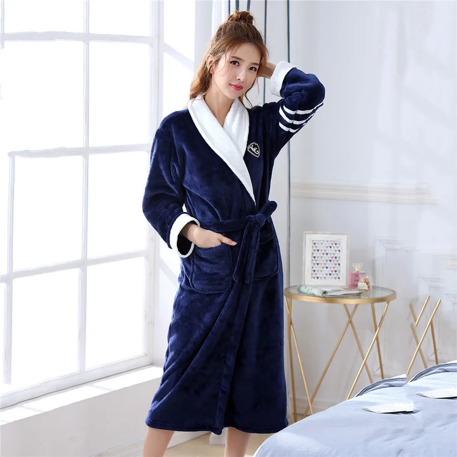 

Keep Warm Flannel Women Navy Blue Kimono Robe Gown Homewear Comfortable Soft Sleepwear Nightgown Casual Knee-length Bath Gown