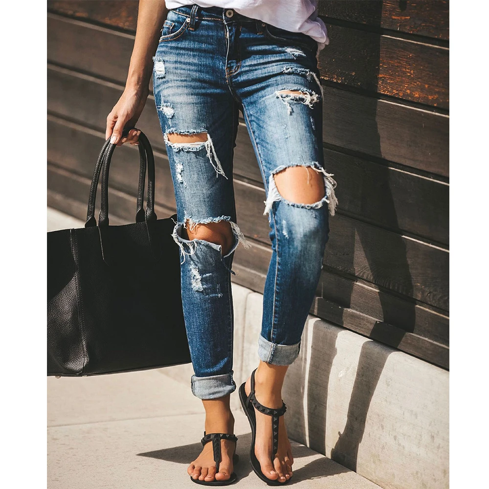 Jeans Rasgados Para Damas Moda Damas Agujero Jean Skinny