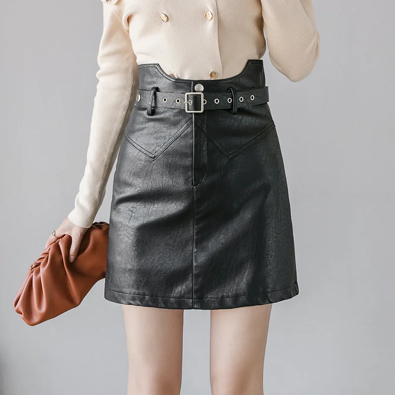 

High-waisted Small Leather Skirt Women's Photo Shoot 2019 Autumn And Winter New Style PU Leather Elegant Leather Short Skirt A-