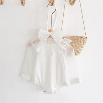 

Baby Girl Bodysuit White Cute Solid Color Clothes Baby Girls Comfortable Cotton Jumpsuit Spring Autumn Lace Collar Bodysuits New