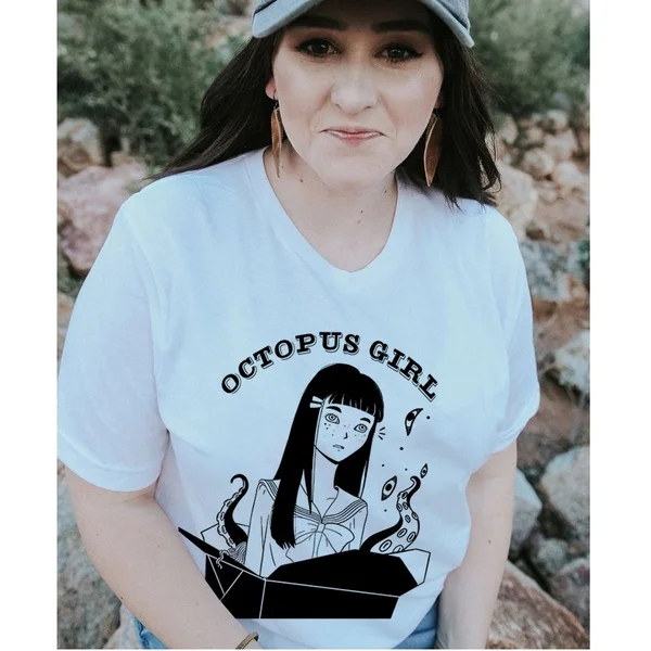 Футболка унисекс хлопковая красная в готическом стиле с изображением осьминога