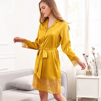 

Women's home wear sexy soft imitation silk with lace robe plus-size ladies lace robe Cardigan nightdress