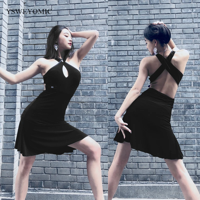 

Sexy Black Dress Latin Dance Practice Clothes female adult hanging neck hollow sexy Latin Salsa dance dress with chest pad L294