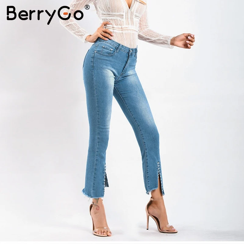 BerryGo, пуш-ап, женские джинсы размера плюс, средняя талия, с вышивкой, расклешенные, джинсовые штаны, пуговицы, карманы, раздельные, для офиса, женские брюки