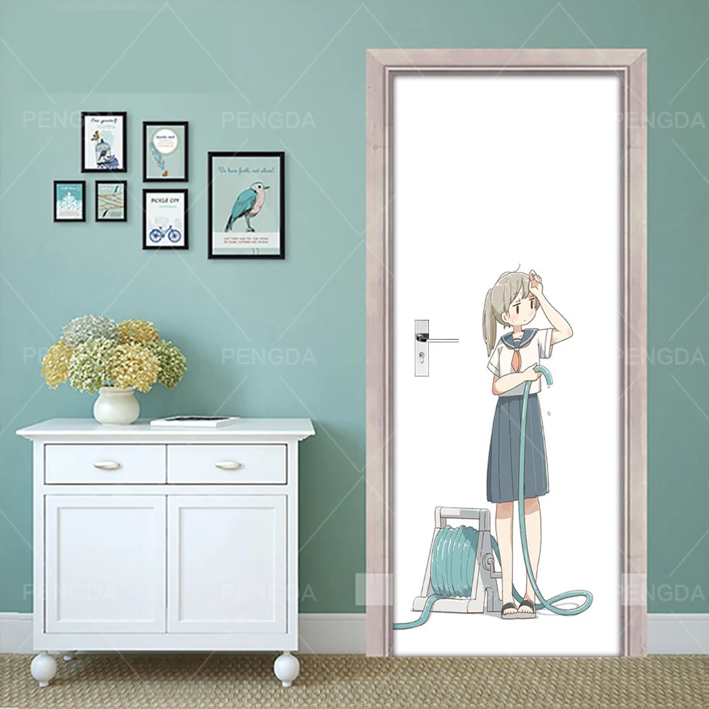 Наклейка на дверь DIY самоклеющиеся наклейки ПВХ мультфильм девушка домашний декор для детской комнаты обновление печать искусство картина водонепроницаемые обои