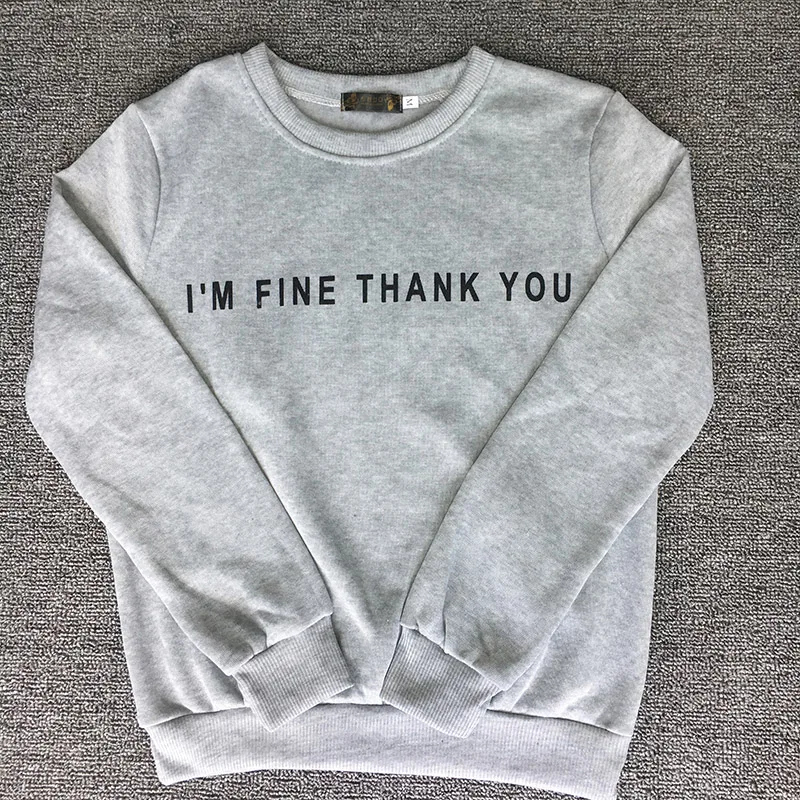 Толстовки с капюшоном с надписью «I'm Fine thank you», свитшоты в европейском стиле, коллекция года, женская повседневная одежда, Kawaii, модная одежда в стиле панк для девочек, Корейская одежда - Цвет: Серый