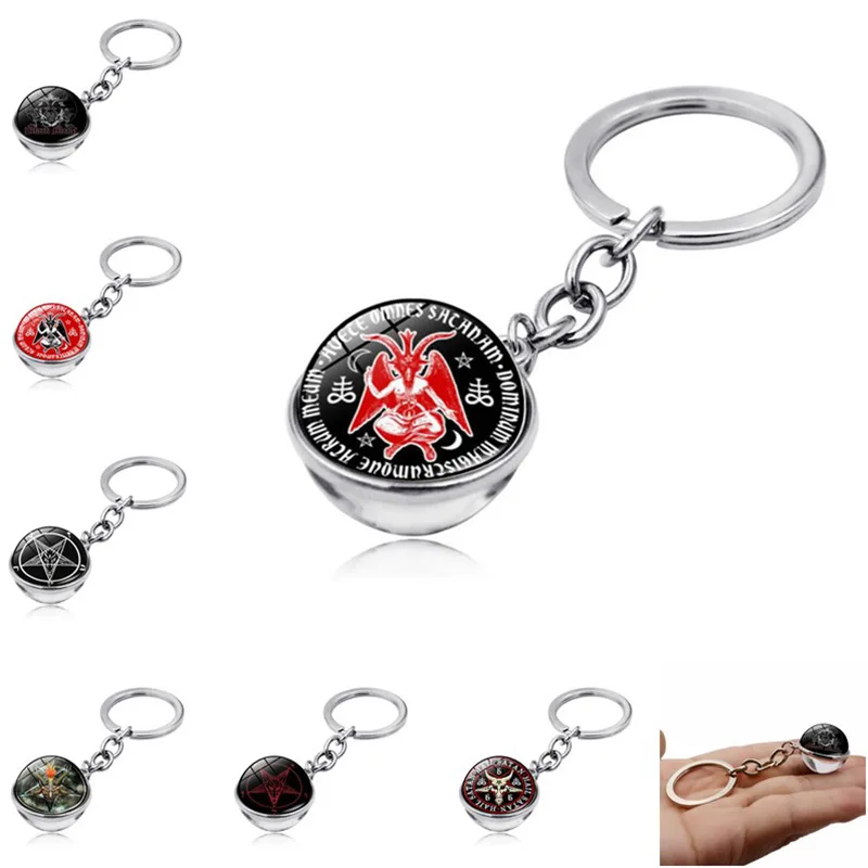 

New Baphomet Devil Satan Time Crystal Keychains Metal Keyring Christmas Gift Waist Hanging Car Phone Bag Pendant Keychains