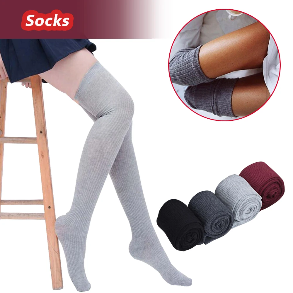 

Women Thigh High Over The Knee Socks Girl Student Solid Color Knitted Cotton Stockings High Elastic Stretchy Leggings Femme 1