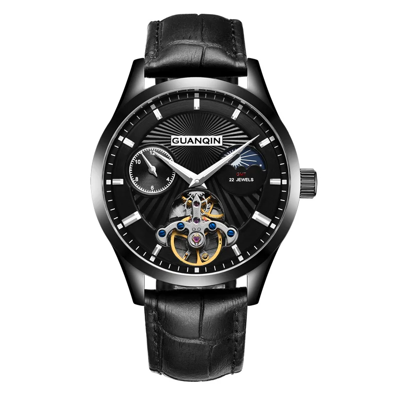 GUANQIN GJ16105 часы мужские люксовый бренд Tourbillon Moon фазный автоматический механические кожаные часы мужские спортивные часы reloj hombre - Цвет: deep black