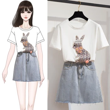 

Cotton Half Sleeve Rabbit Bead T-Shirt Mini Jeans Skirt Two Piece Casual Sets Sweet Female Dress Suits