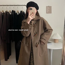 New Autumn And Winter Horns Buttoned Woolen Coat Women'S Mid-Length College Style Thick Woolen Coat Warm Coat Jacket