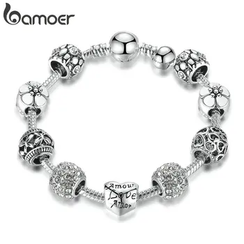 Women Silver Plated Charm Bracelet with Love Flower Beads Sadoun.com